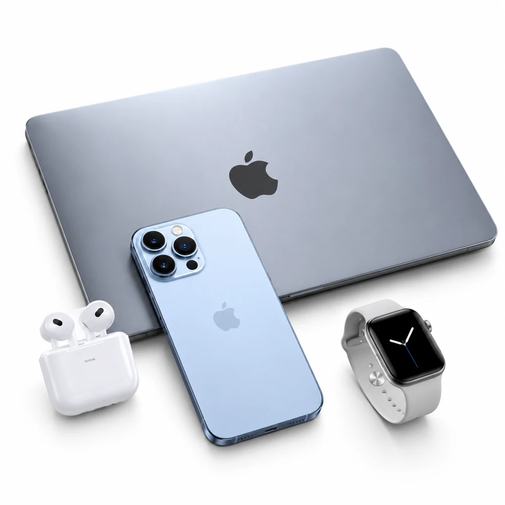MacBook, iPhone, Apple Watch и AirPods на белом фоне