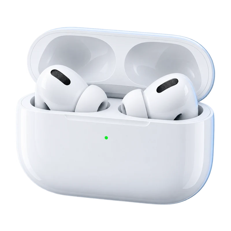 Иллюстрация AirPods Pro с силиконовыми амбушюрами в открытом зарядном кейсе